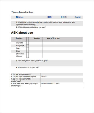 TOBACCO COUNSELING SHEET